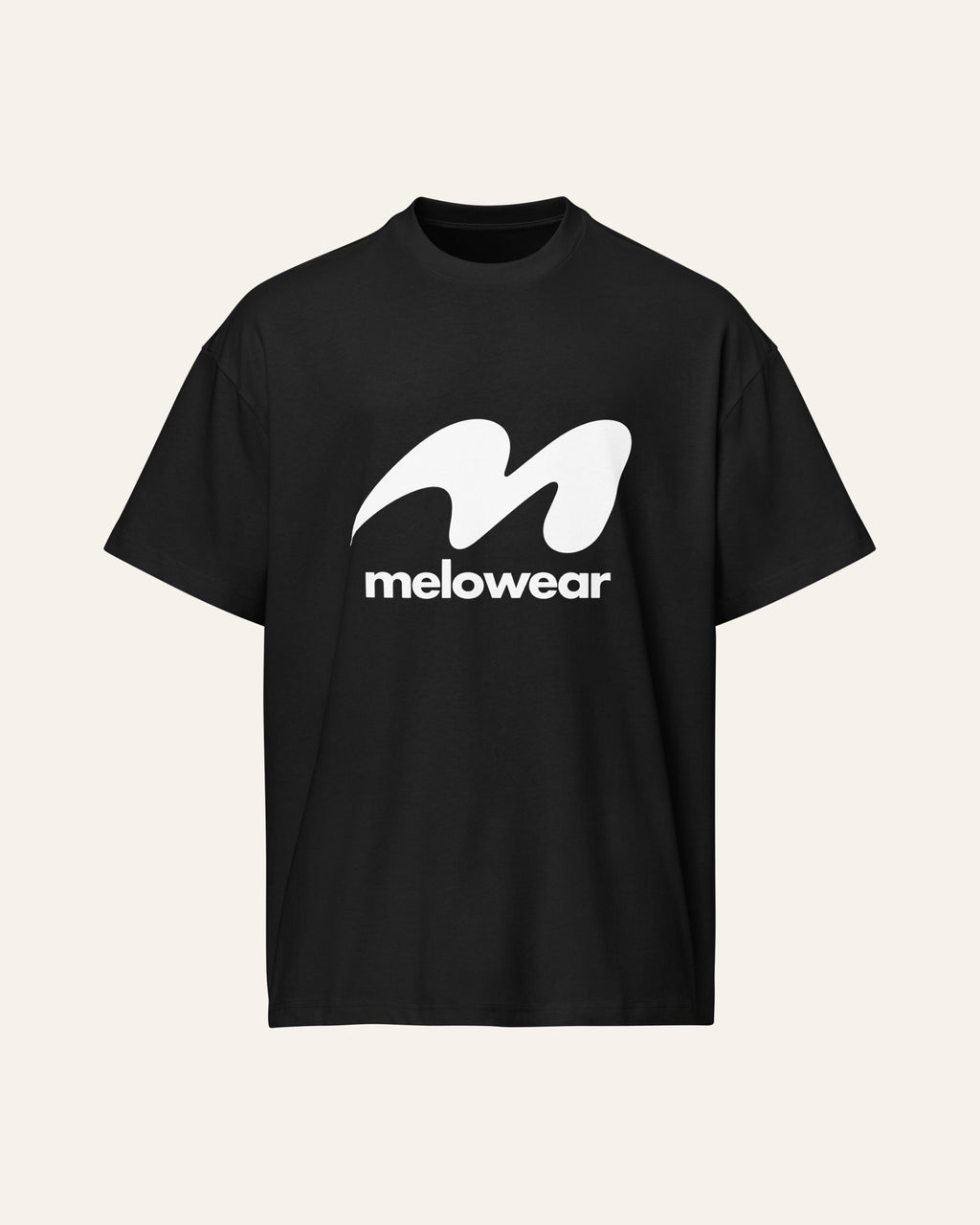 Black heavyweight tee with the white melowear symbol and wordmark printed large across the chest