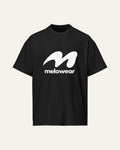 Black heavyweight tee with the white melowear symbol and wordmark printed large across the chest