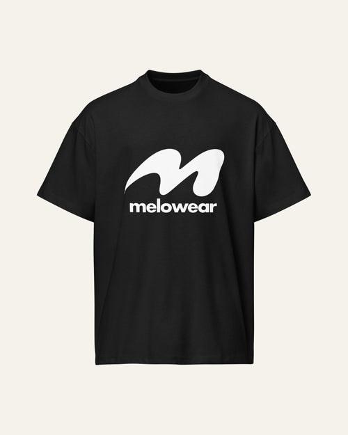Black heavyweight tee with the white melowear symbol and wordmark printed large across the chest