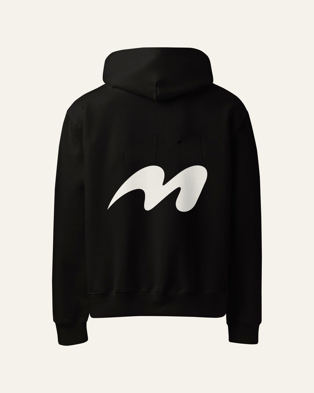 Back of the black melowear basic hoodie, the symbol printed large across the back