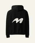Back of the black melowear basic hoodie, the symbol printed large across the back