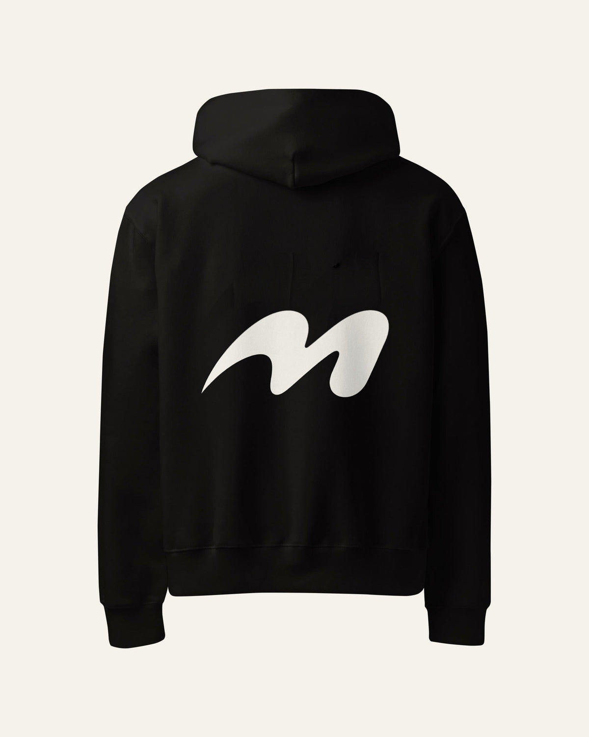 Back of the black melowear basic hoodie, the symbol printed large across the back