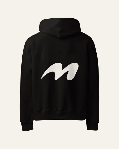 Back of the black melowear basic hoodie, the symbol printed large across the back