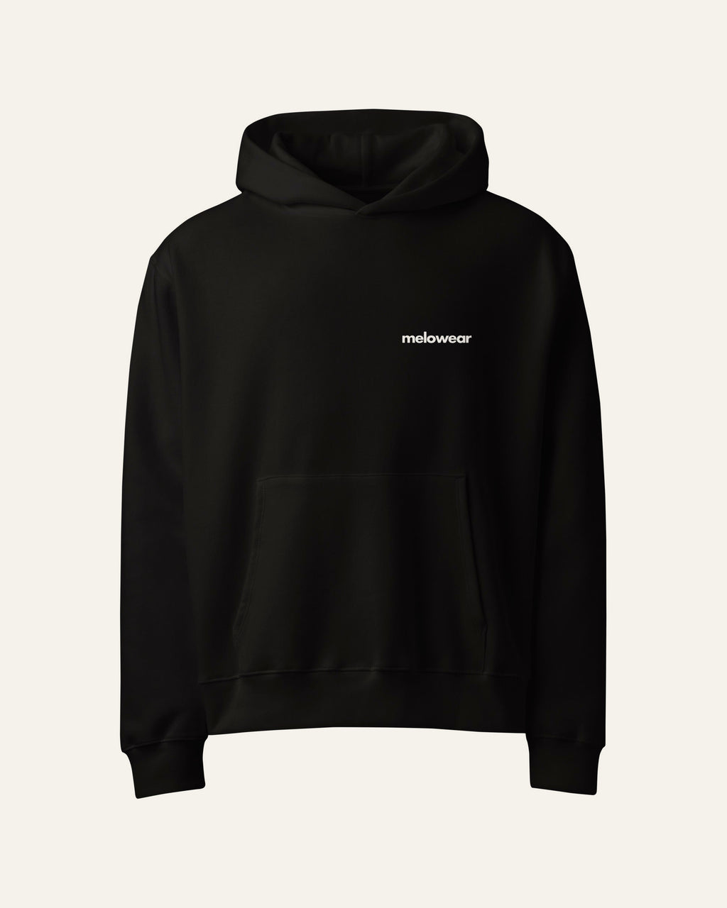 Front of the black melowear basic hoodie with the wordmark small on the chest
