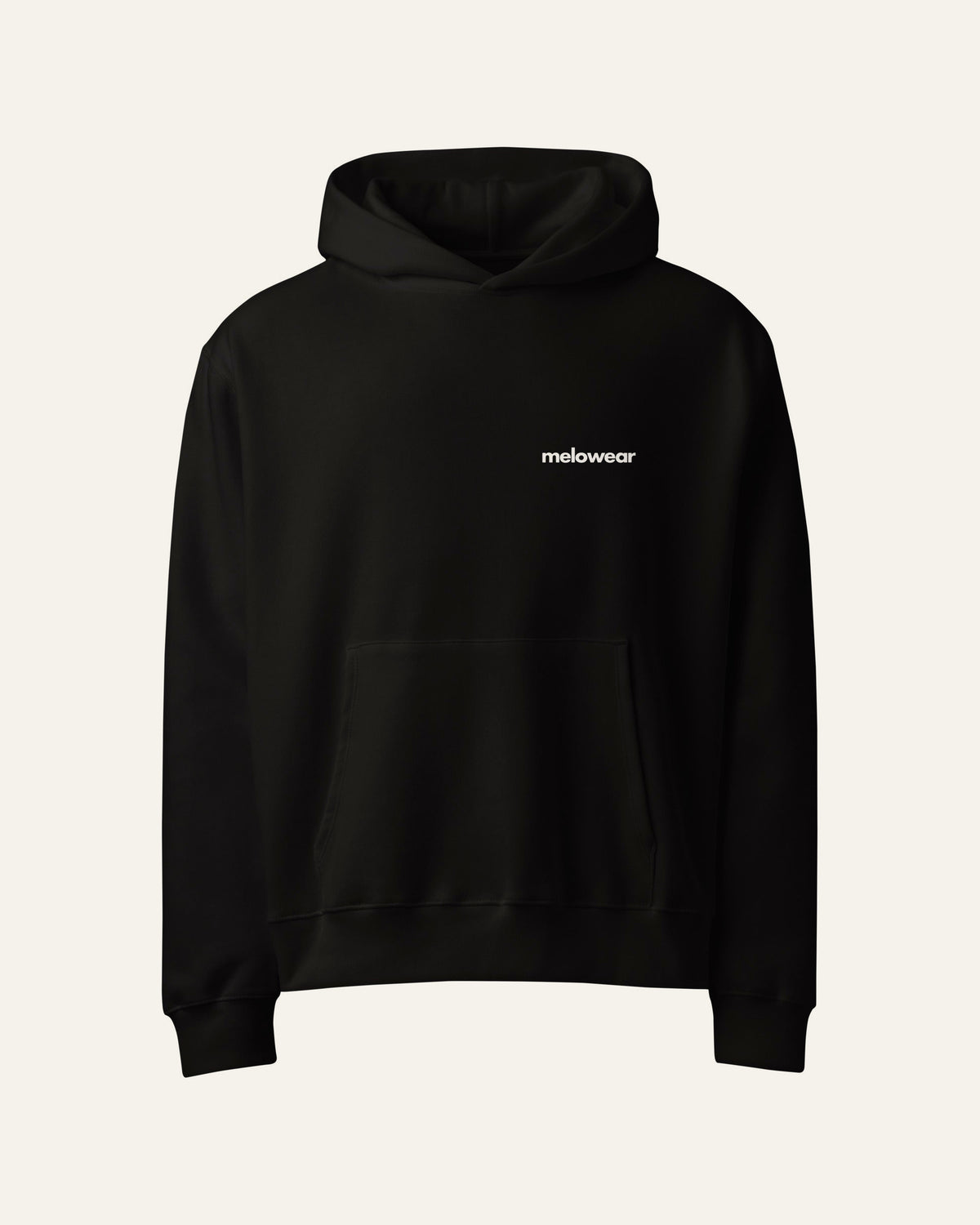 Front of the black melowear basic hoodie with the wordmark small on the chest