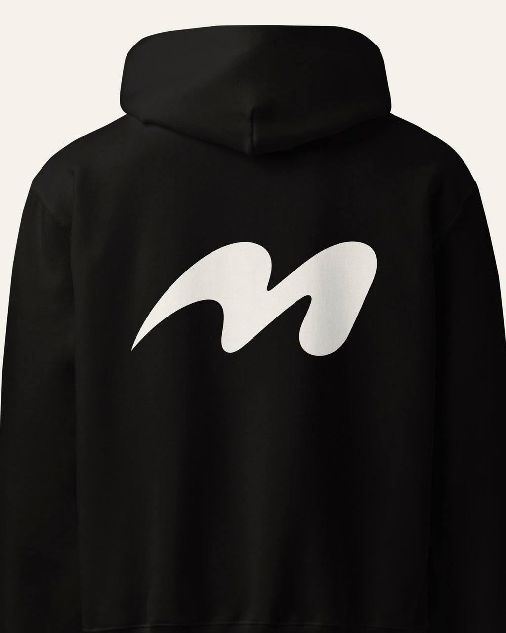 Close up of the melowear symbol printed on the back of the hoodie