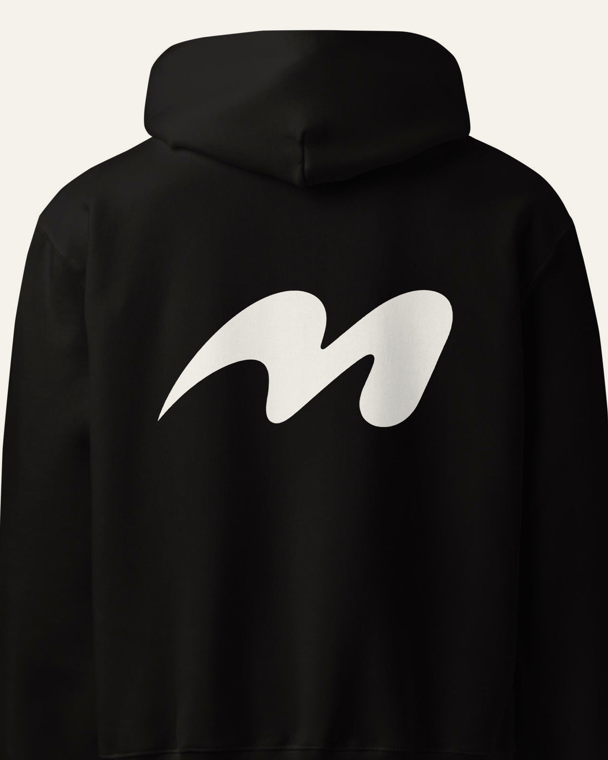 Close up of the melowear symbol printed on the back of the hoodie