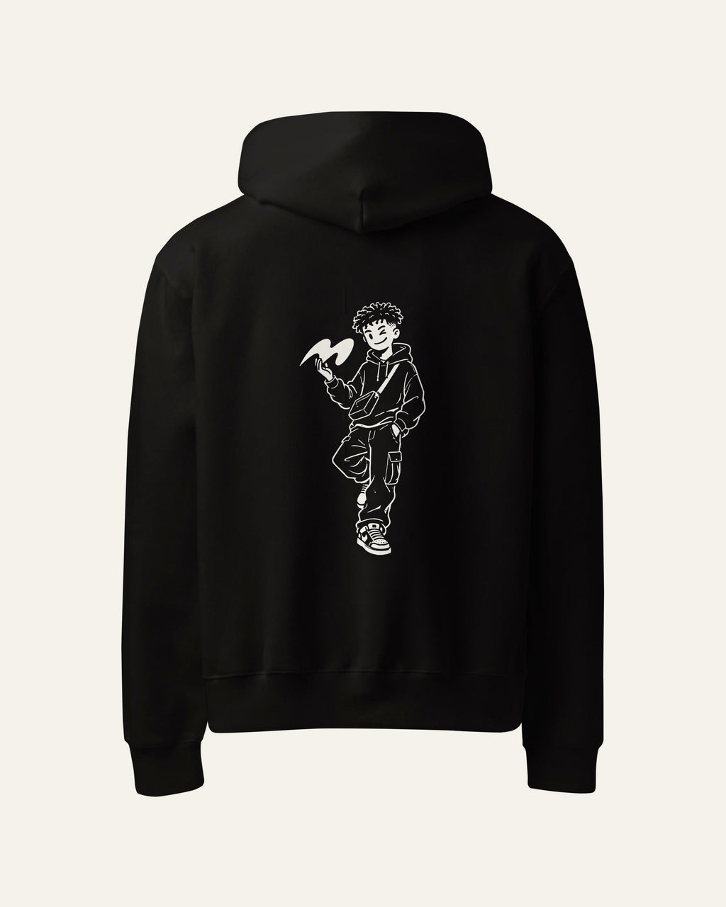 melowear gen z hoodie, white line drawing of a kid holding the melowear mark across the back