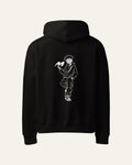 melowear gen z hoodie, white line drawing of a kid holding the melowear mark across the back