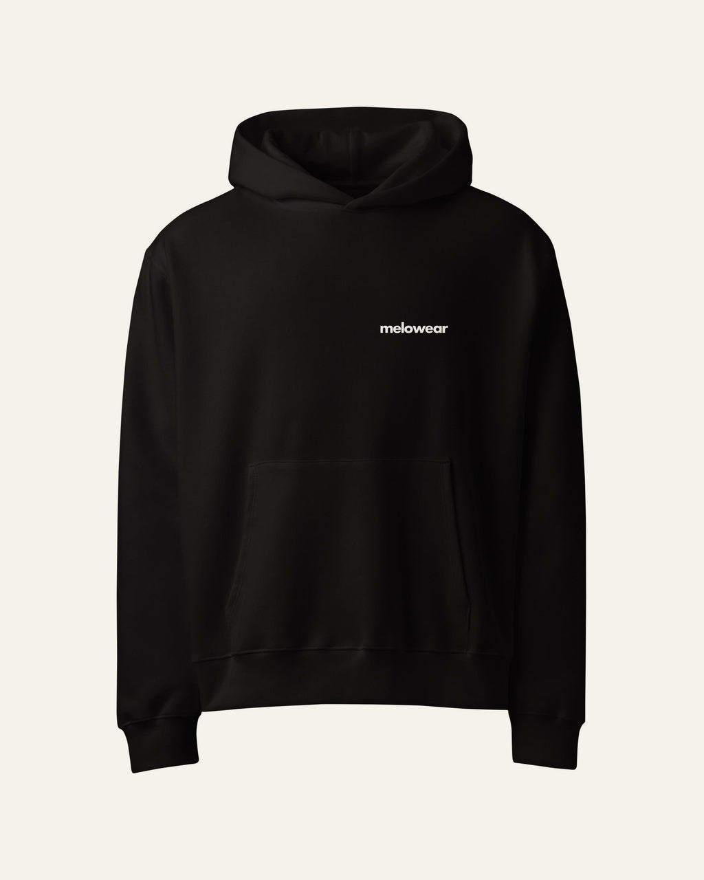 melowear gen z hoodie front, wordmark small on the left chest