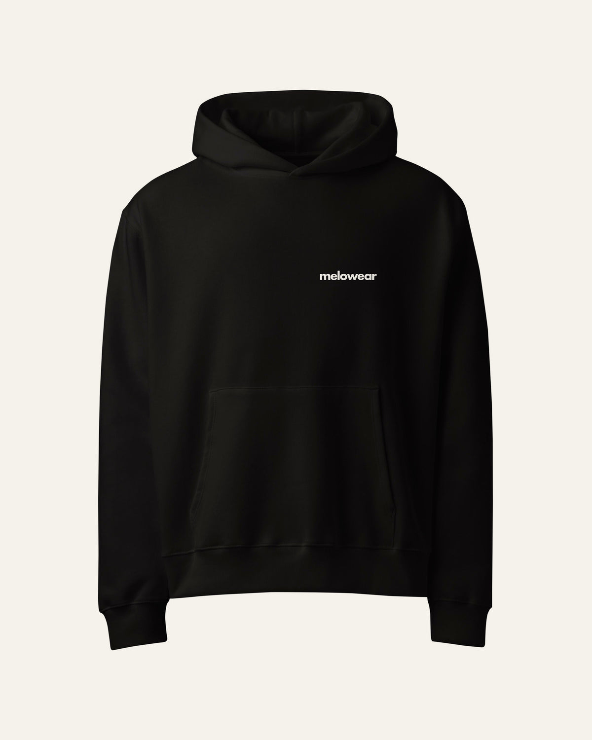 melowear gen z hoodie front, wordmark small on the left chest