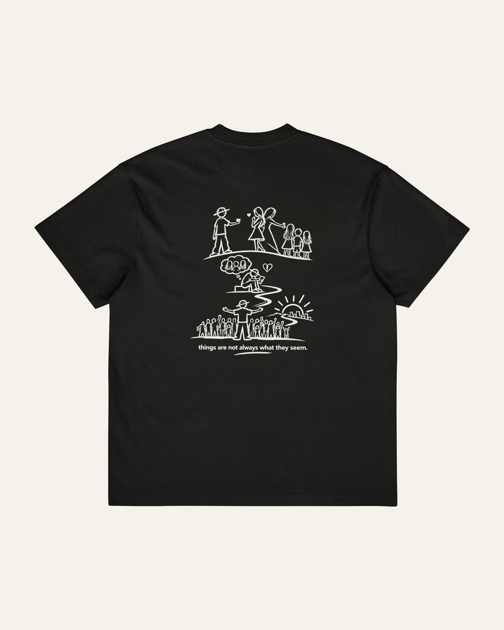 Back of the black melowear let the story unfold tee, three panels printed large across the back