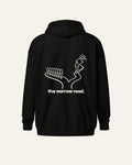 melowear the narrow road zip hoodie, back print: a road that splits, the crowd on the wide one, one walker on the narrow one