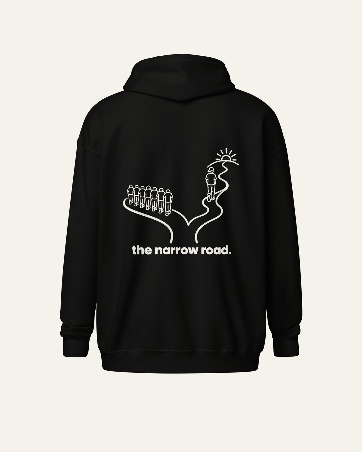 melowear the narrow road zip hoodie, back print: a road that splits, the crowd on the wide one, one walker on the narrow one