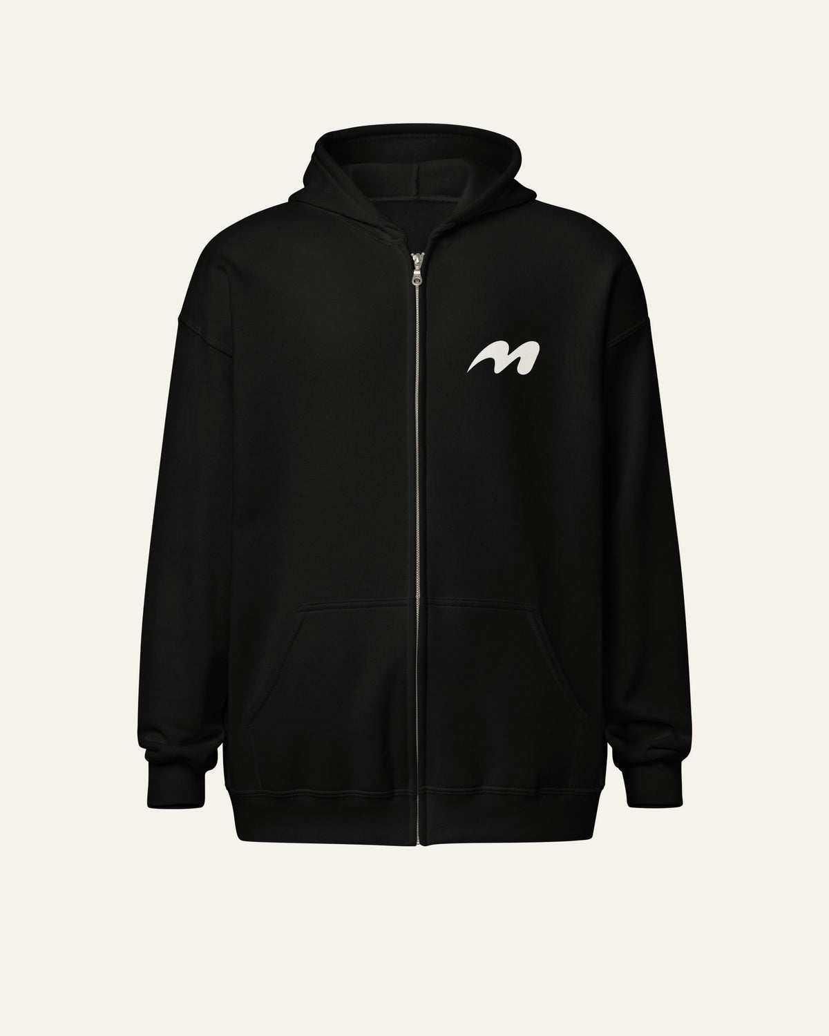 melowear the narrow road zip hoodie, front with the mark on the left chest