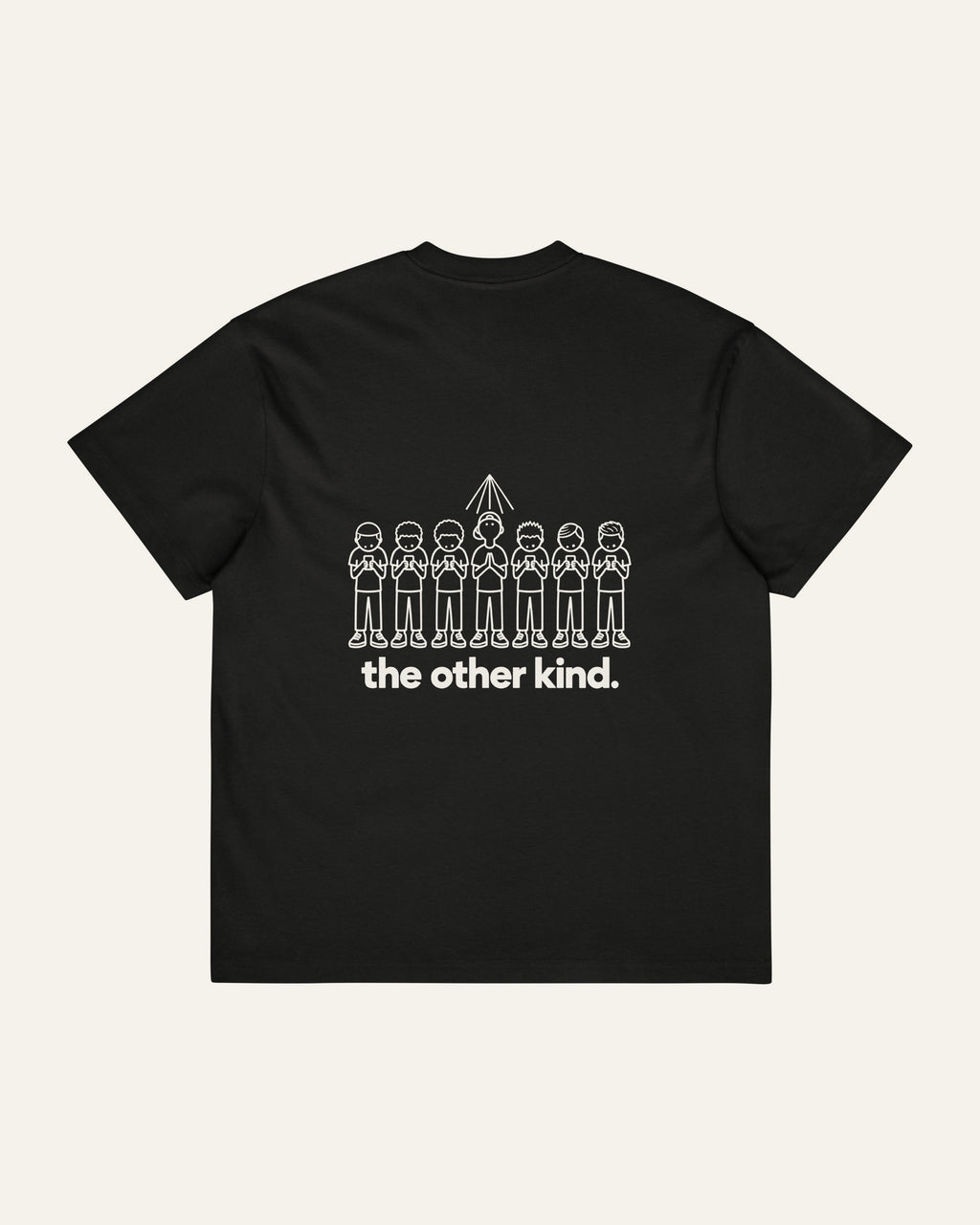 melowear the other kind tee, back print: six heads down in their phones, one with his hands together looking up
