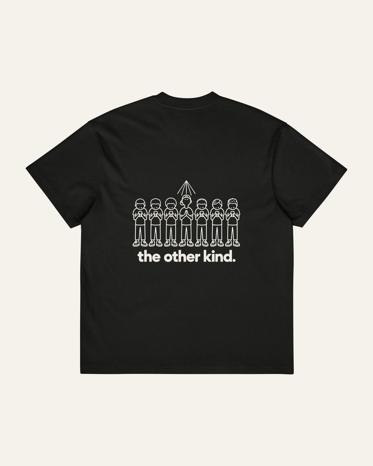 melowear the other kind tee, back print: six heads down in their phones, one with his hands together looking up