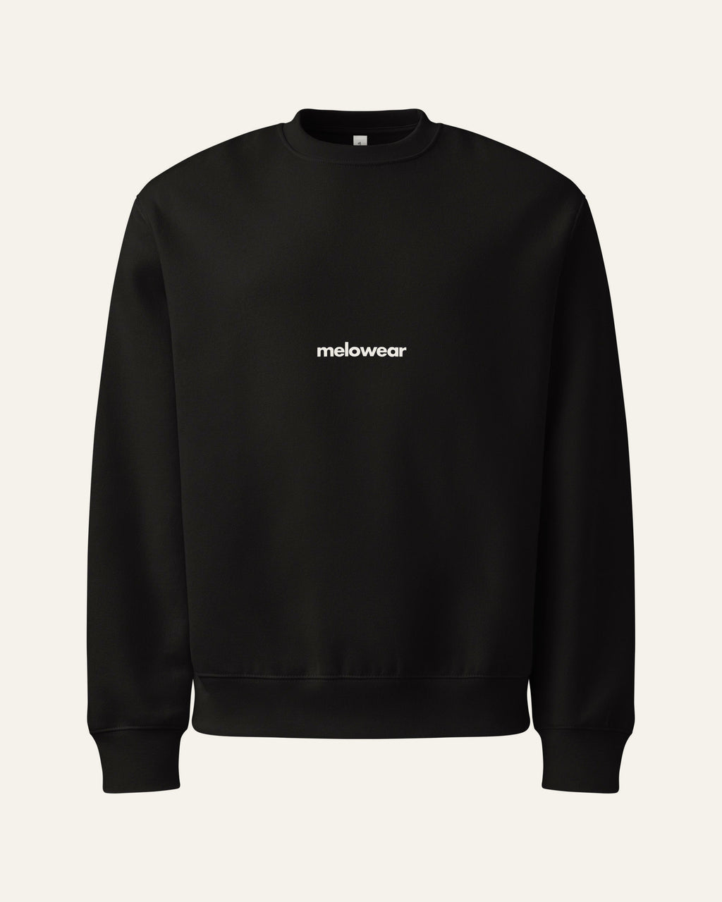 melowear basic crew in black, wordmark small on the chest