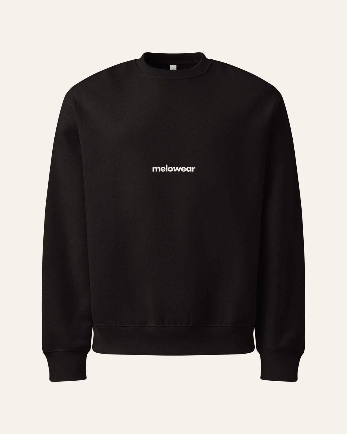 melowear basic crew in black, wordmark small on the chest