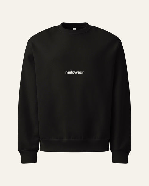 melowear basic crew in black, wordmark small on the chest