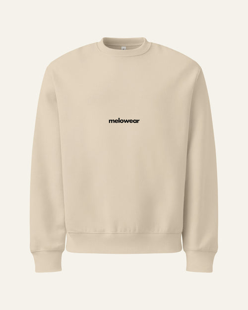 melowear basic crew in dust, wordmark small on the chest