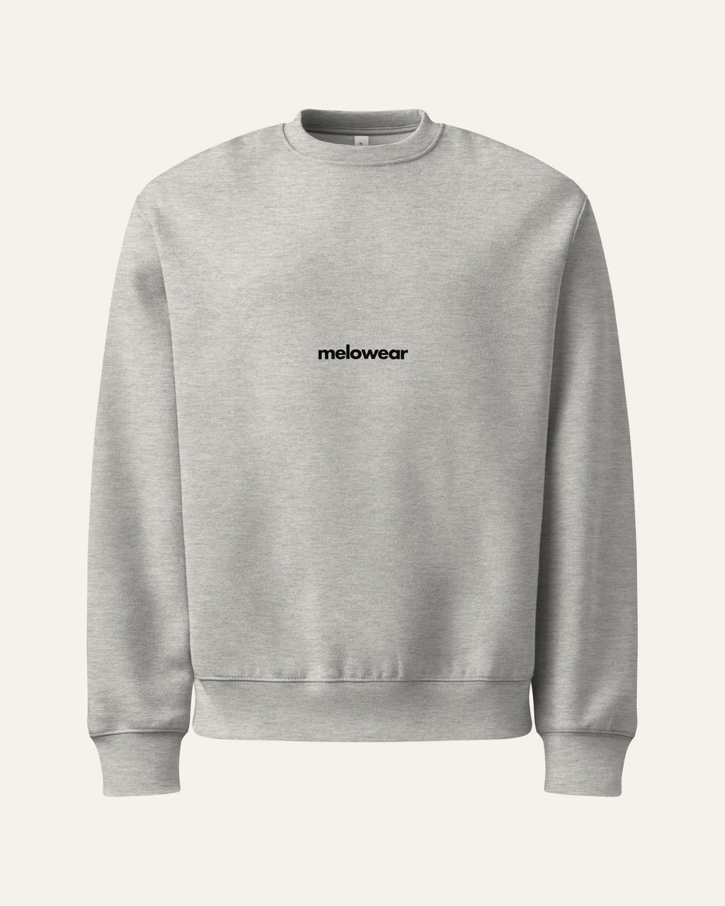 melowear basic crew in athletic heather, wordmark small on the chest